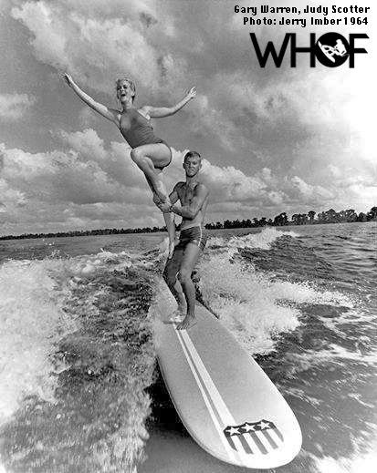 Gary Warren tandem wakesurfing at Cypress Gardens Water Ski Show - 1964